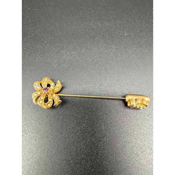 Victorian‎ Revival Ribbon Stick Pin Gold-Tone Faux Pearls Purple Rhinestone - Picture 2 of 4